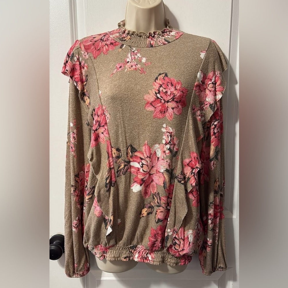 Maurices Pink and Tan Floral Blouse